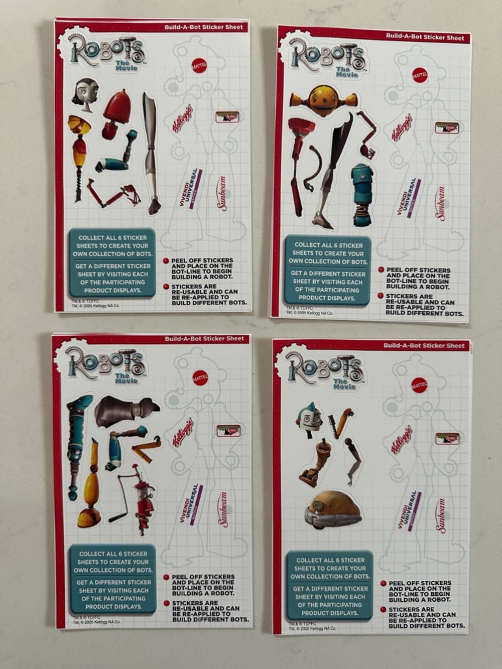 Build A Bot Robots Sticker Sheets Collection of 16 sheets Kellogg’s Promotion